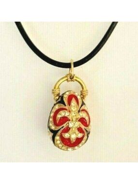 Russian Fleur de Lis Enamel Gold Filled Rhinestone Handmade Egg Pendant Red Blk